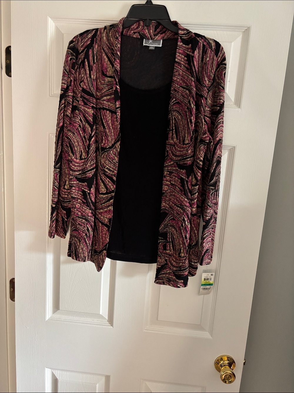 JM Collection Open-Front Swirl Pattern Cardigan - Black, Pink & Gold